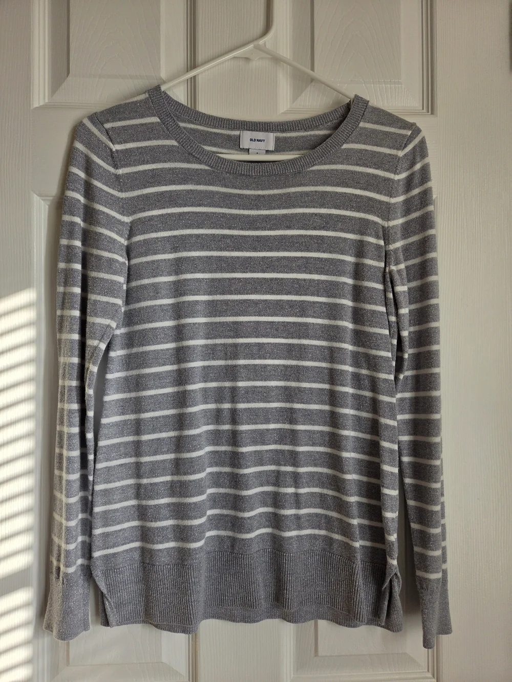 Old Navy Small Gray Silver Metallic Striped Crewneck Sweater